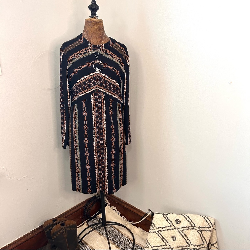 Free People Stella Midi Dress Women L Black Boho Hippie Mod Festival Long Sleeve